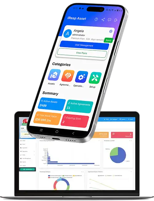 iReap Asset — tampilan aplikasi mobile dan dashboard manajemen assets untuk berbagai industri